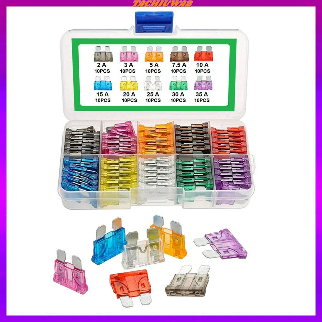 Set 100 Cầu Chì Tiêu Chuẩn 2A 3A 5A 7.5A 10A 15A 20A 25A 30A 35A Kèm Hộp Đựng