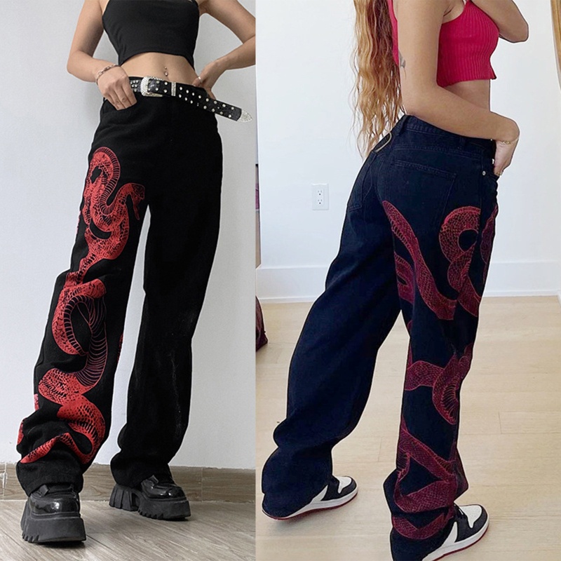 Quần jeans nữ lưng cao họa tiết da rắn cá tính