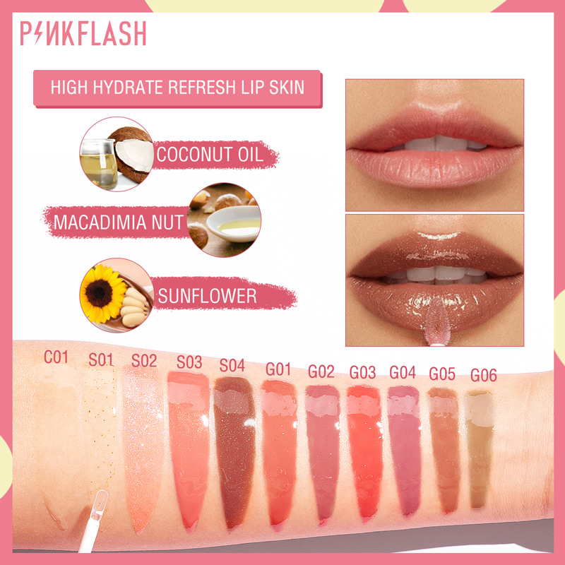 Son kem PINKFLASH tông nhũ kim tuyến dưỡng ẩm tạo hiệu ứng môi bóng dày