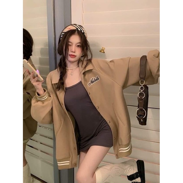 Áo khoác nỉ Bomber cổ bẻ màu nâu tây, Áo sweater hoodie nam nữ from rộng áo bóng chày unisex nỉ cotton Cá Tính