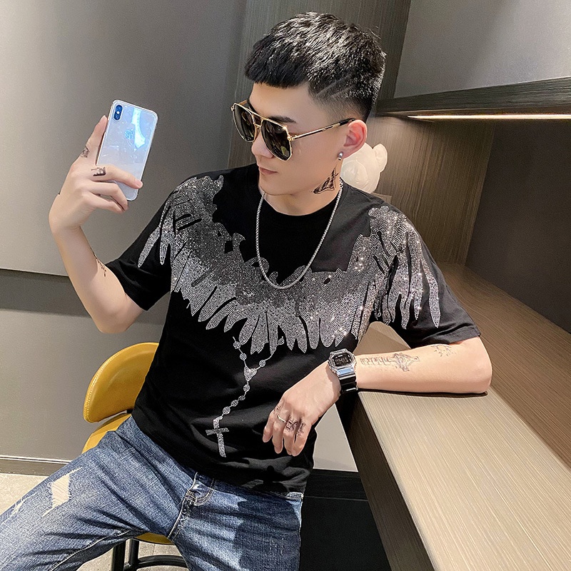 Moyi MOYI Áo Thun Nam Ngắn Tay Đính Đá Phong Cách Đường Phố Mùa Hè 6026