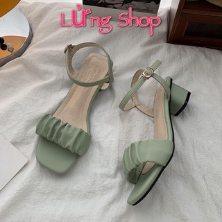 Dép Sandal Nữ Đế Vuông Quai Ngang Nhăn da nhún nơ cao 3 phân hot 2022