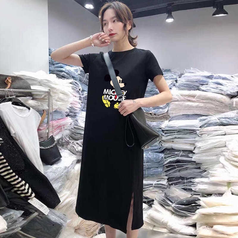 Đầm Thun Dáng Dài Xẻ Tà In Hình Chuột Mickey Thời Trang Hè 2020 Size M-3xl