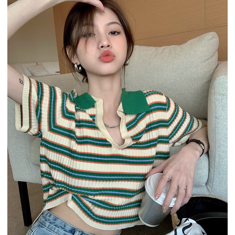 Áo polo Dệt Kim Mỏng Họa Tiết Kẻ Sọc Thời Trang Mùa Hè Cho Nữ
