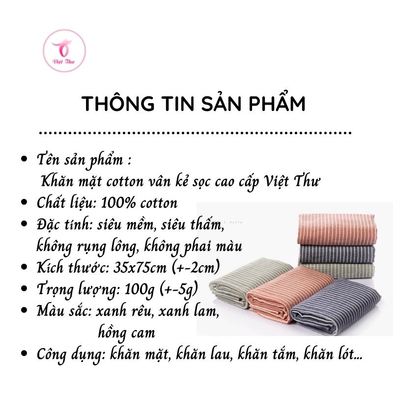 Khăn mặt cotton vân kẻ sọc cao cấp VIỆT THƯ, siêu mềm mịn, siêu thấm hút, siêu dày, 100gr, 35x75cm