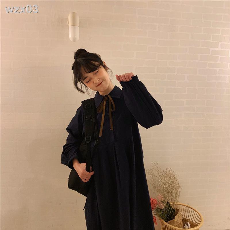 Mùa xuân và thu Hàn Quốc váy nữ học sinh lỏng lẻo mỏng thắt nơ điệu đà áo sơ mi dài tay giữa