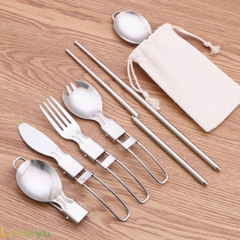 ◀READY▶Stainless Foldable Steel Fork Spoon Chopsticks Travel Camping Cutlery With Bag# Good Quality