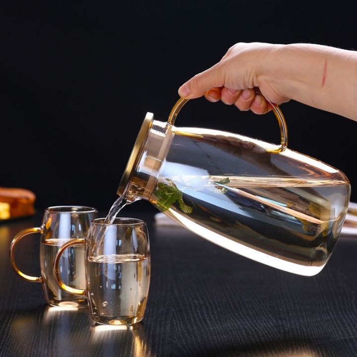 Bình thuỷ tinh giữ nhiệt - Bộ 6 cốc ánh vàng giá treo cốc inox mạ vàng nắp inox cao cấp có lõi lọc trà dễ dàng vệ sinh