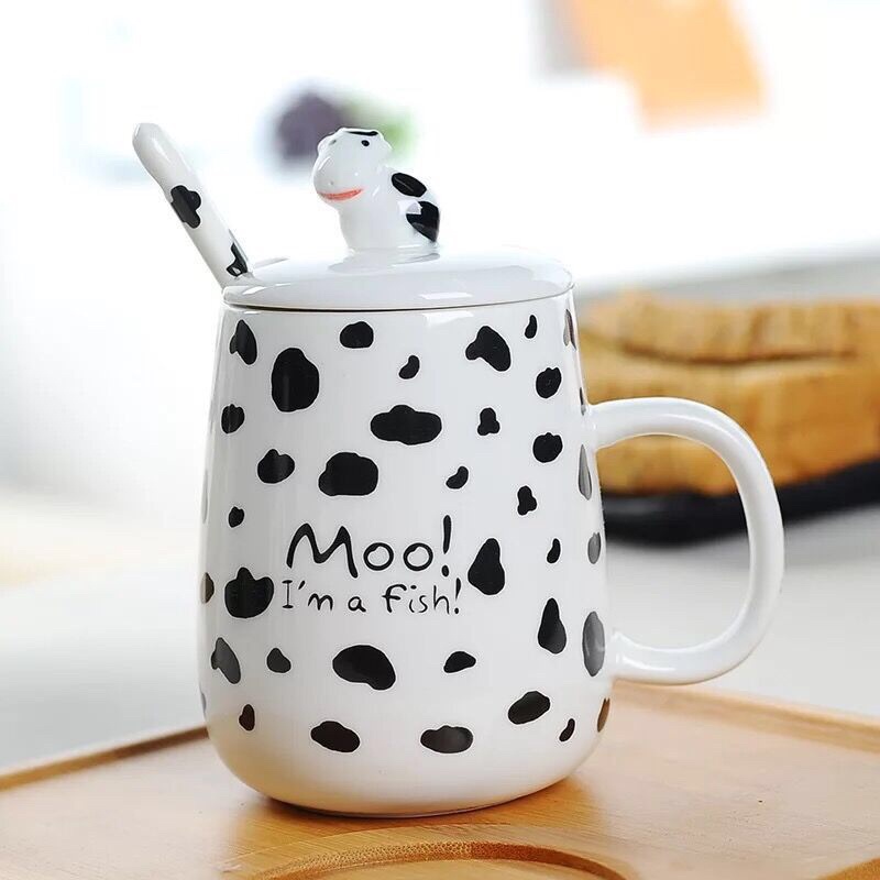 Cốc sứ Bò Sữa có nắp và thìa 400ml, họa tiết dễ thương, phù hợp làm quà tặng, decor góc làm việc - SunStoreVN