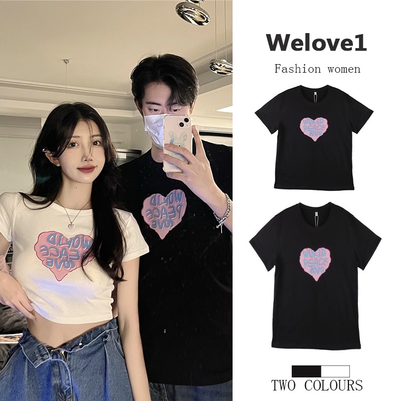 Áo Thun Đen Tay Ngắn Dáng Rộng In Họa Tiết Trái Tim Phong Cách Hàn Quốc Thời Trang Cho Nữ