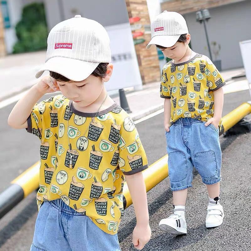 > Quần jean trẻ em / cửa hàng bán chạy nhất Hàn Quốc Nam bộ đồ hai mảnh ngắn tay em, áo cotton cỡ vừa và nhỏ