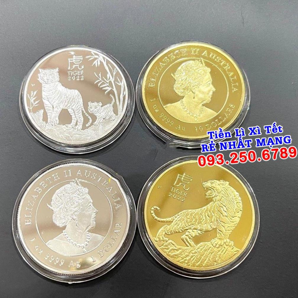 Tiền xu hình con Cọp Úc vàng và đồng xu hình Cọp bạc làm tiền lì xì tết - tặng kèm túi gấm đỏ - Quà Tết 2022