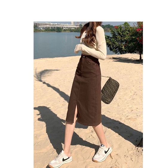 Chân Váy Jean Dáng Dài Xẻ Trước Thời Trang Phong Cách Hàn Quốc V03