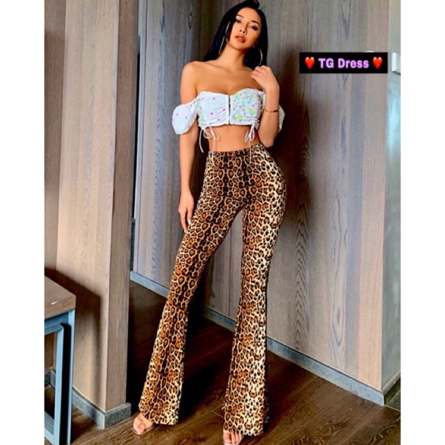 Quần ống loe Boho Da beo