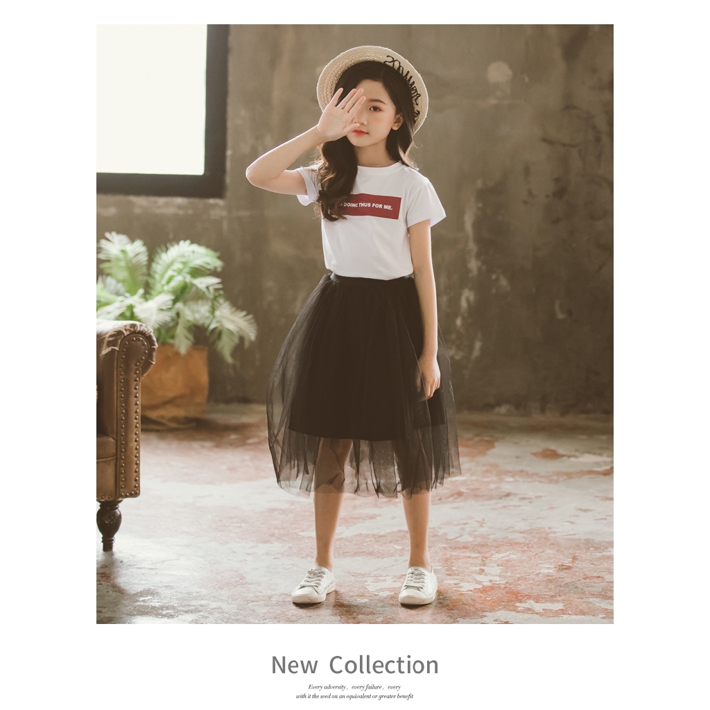 Short sleeve t-shirt set + Korean style mesh skirt, lovely fashion for girls