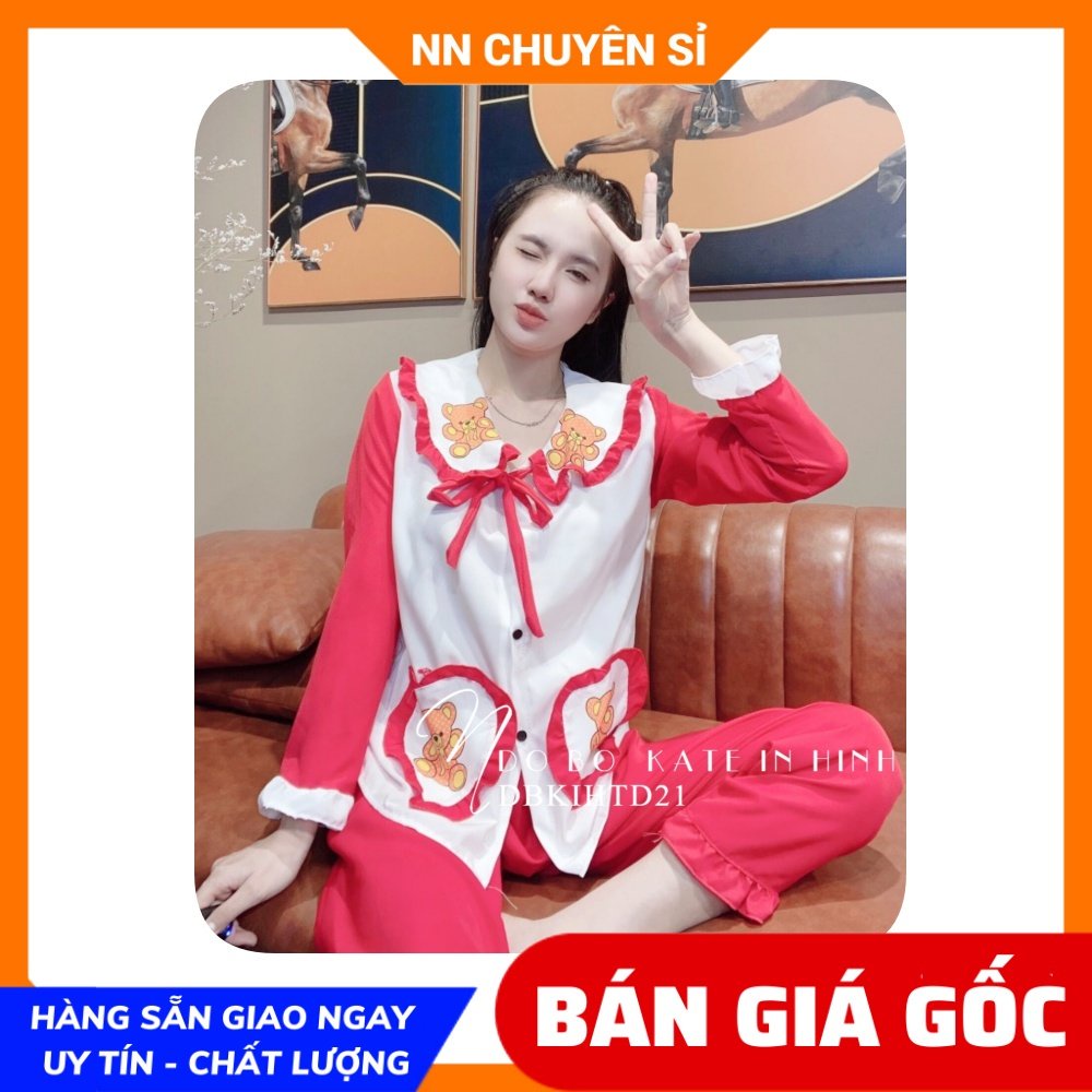Đồ bộ kate tay dài in hình gấu hình hoạt hình dễ thương cho nữ mặc nhà DBKIHTD22