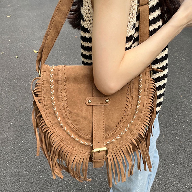 Túi đeo chéo IELGY cỡ lớn phối tua rua phong cách retro thời trang cho nữ