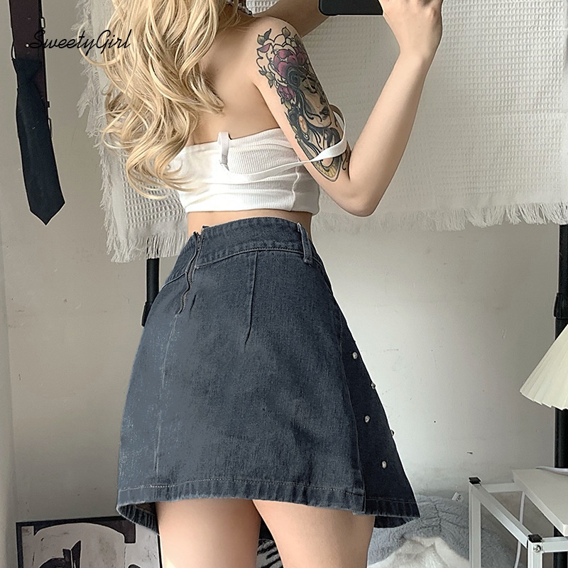 Chân váy jean Lưng Thấp Đính Đinh Tán Phối Khóa Kéo Thời Trang Cho Nữ 2022