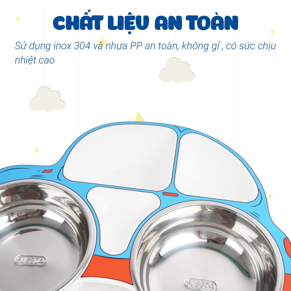 Khay ăn dặm chia ngăn cho bé Inox  hình ô tô Royalcare 0805 - Set 3 món: khay ăn chia ngăng - Thìa tập xúc - Dĩa tập ăn