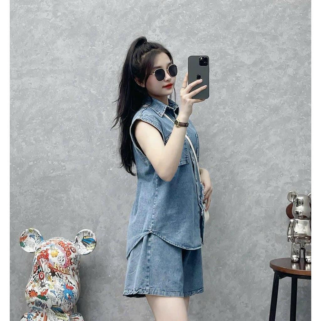 Áo sơ mi bò túi ngược tay ba lỗ kèm quần short đùi lưng cao, set đồ bộ nữ đi chơi dự tiệc chất bò mềm phong cách ulzzang