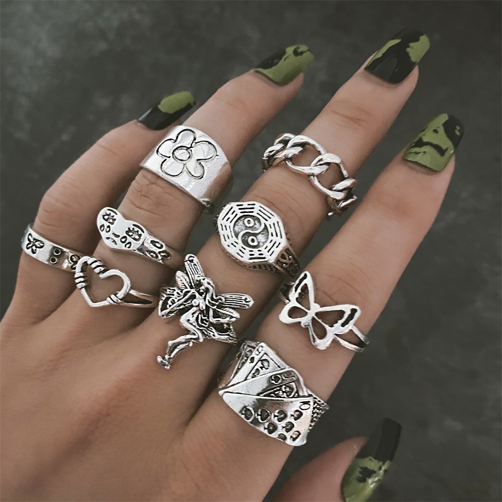 Set 9 Nhẫn Đeo Ngón Tay Kim Loại Đính Đá Phong Cách Retro Cho Nữ