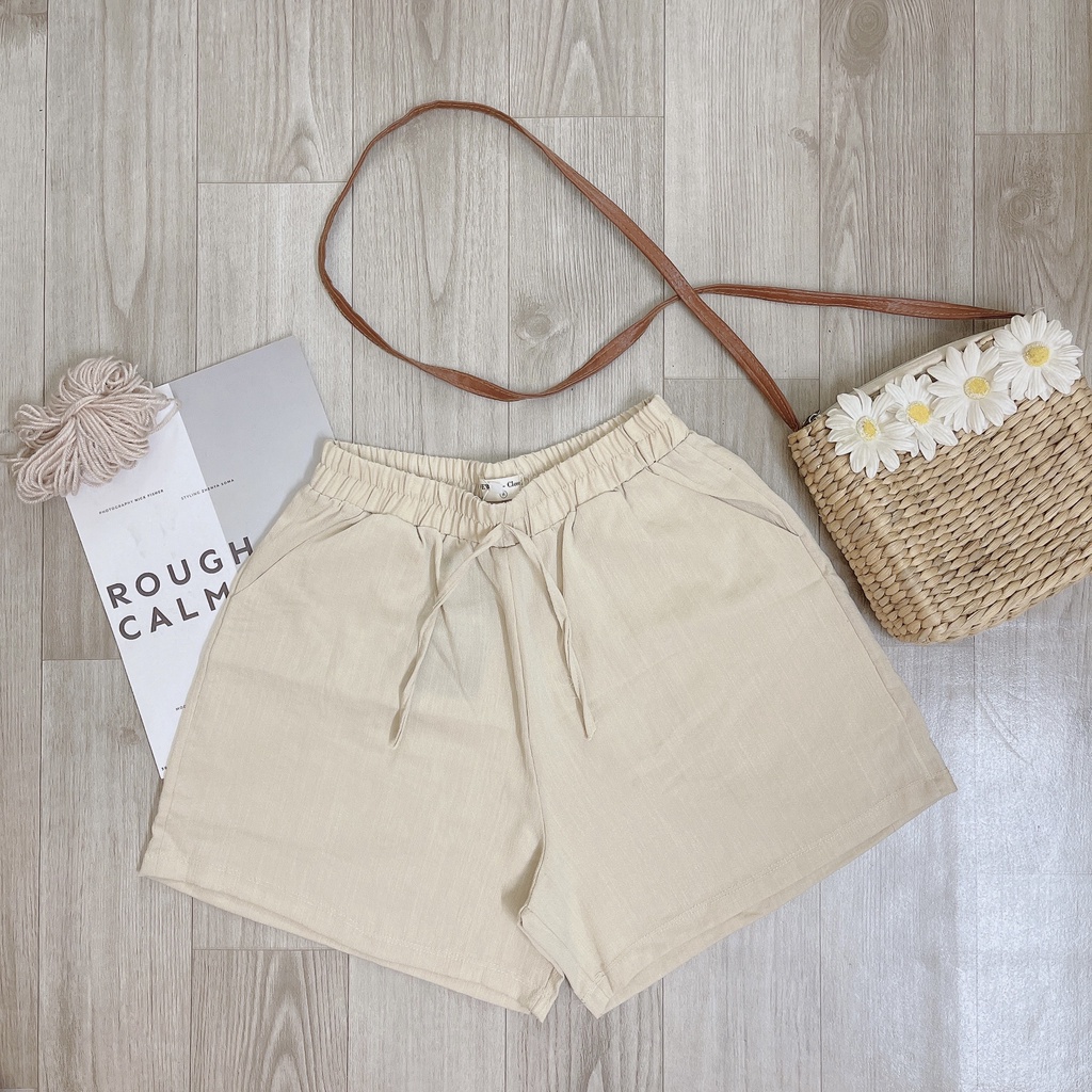 Quần đùi nữ lưng thun chất vải đũi quần short nữ cạp chun có túi vải đũi thoáng mát