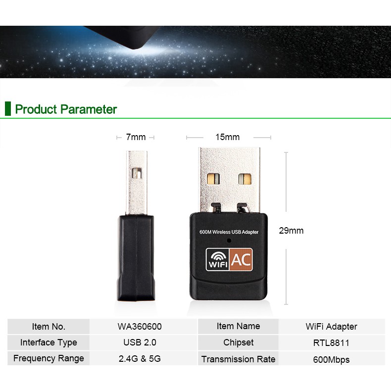 Usb Thu Tín Hiệu Wifi Không Dây 600mbps 2.4ghz 5ghz