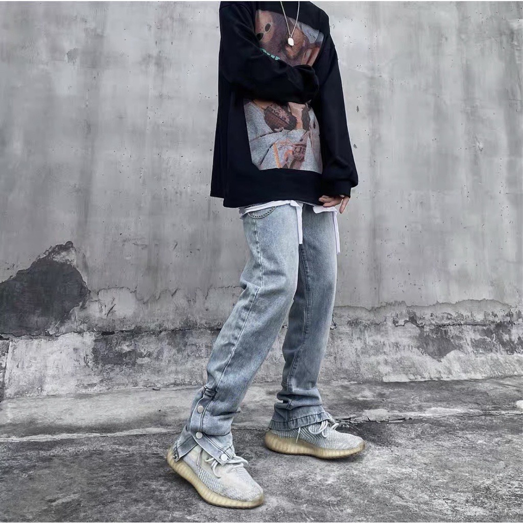 Quần Jean Ống Suông Ống Đứng FOG Phối Nút Bấm Nam Nữ Unisex Vải Dày Dặn