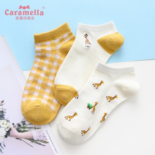 Set 3 Đôi Vớ Cotton Cổ Thấp Họa Tiết Hồng Hạc / Hươu Cao Cổ / Dâu Tây Thời Trang Nhật Bản Cho Nữ