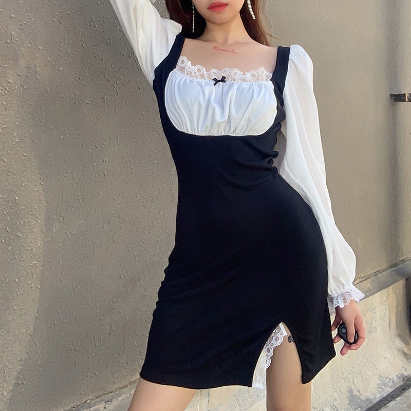 Đầm cổ vuông tay phồng màu trắng đen phong cách Pháp thời trang thu đông cho nữ 2