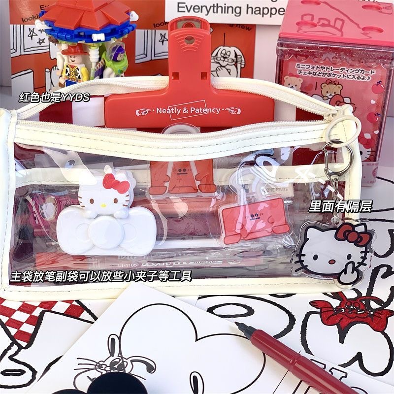 Túi Đựng Bút Ohaya Trong Suốt Hai Lớp Họa Tiết Sọc Caro Đỏ Trắng Sức Chứa Lớn