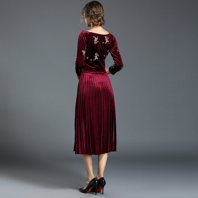 Real Shot Women's High Quality Embroidered Velvet Midi Pleated Party Dress | BigBuy360 - bigbuy360.vn
