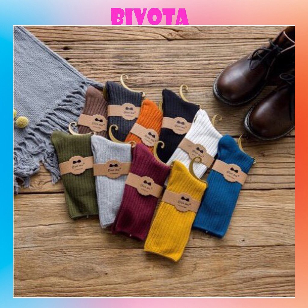 Set 5 đôi tất cổ cao Bivota vớ nữ Hàn Quốc cotton len gân vintage T62