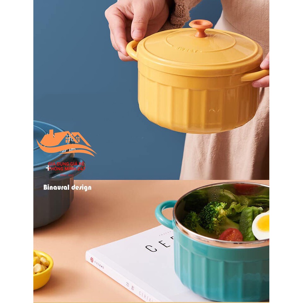 Bát Úp Mỳ, Cốc Đựng Canh, Đựng Cơm, Tô Cháo, Súp Lõi Inox Có Tay Cầm Dạng Nồi Tông Màu Hiện Đại