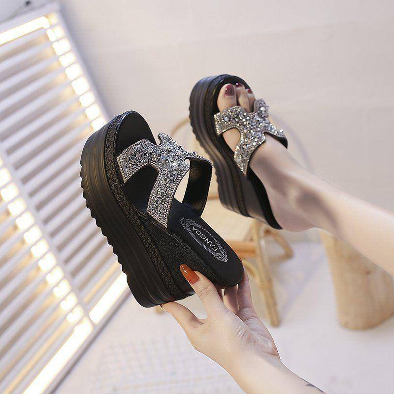 Dép Đế Dày 12cm Không Thấm Nước Đính Đá Lấp Lánh Thời Trang Mùa Hè