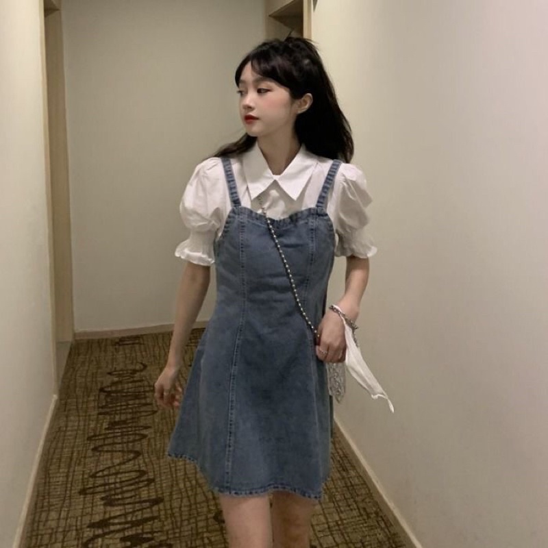 Set yếm váy jeans liền sơ mi dáng ngắn