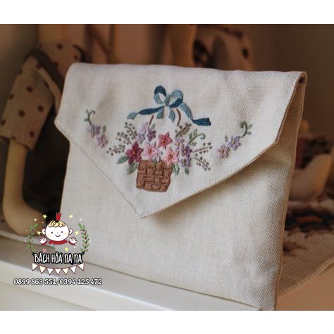 Túi xách linen - Ví Nữ Cầm tay Thêu Tay Thủ Công vải linen - Túi Thêu Handmade - Bách hóa Na Na