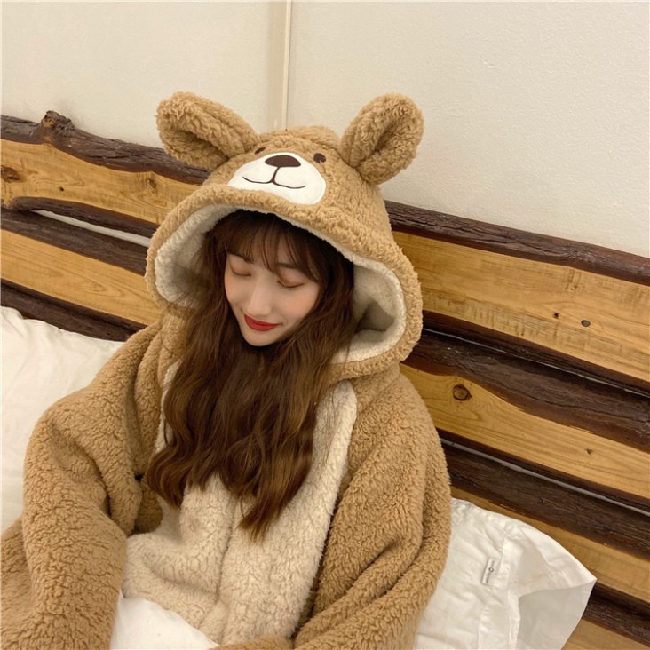 Bộ lông gấu màu nâu, bộ gấu liền thân thêu hình đẹp cho nữ siêu ấm, đồ ngủ mùa đông lông cừu giữ nhiệt tốt - Tjt Còi 1 | BigBuy360 - bigbuy360.vn