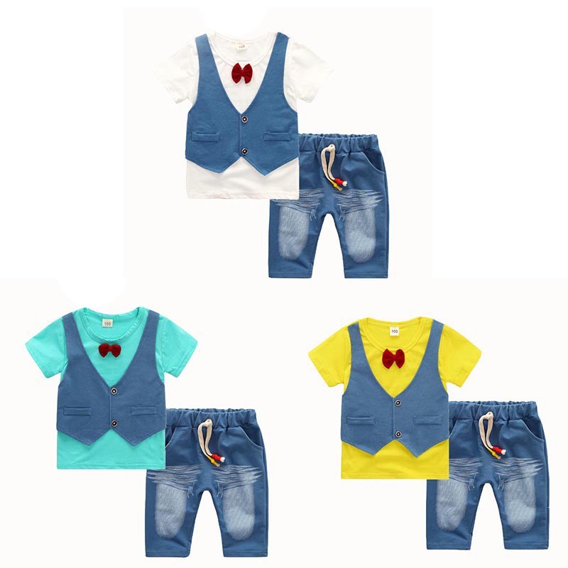 Set áo thun giả vest + Quần short denim cho bé trai