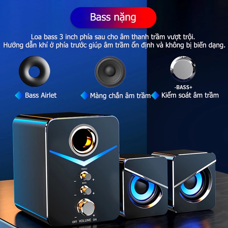 Loa máy tính để bàn D221 AUX & Bluetooth loa vi tính với 3 lớn kèn , âm thanh nổi siêu BASS và 9D, với đèn LED cực ngầu