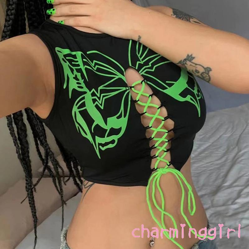 Áo Croptop Sát Nách Cổ Tròn Cột Dây Chéo In Họa Tiết Bướm Thời Trang Quyến Rũ Cho Nữ