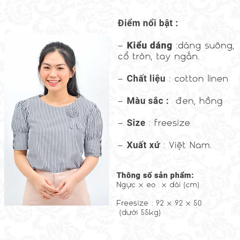 Áo kiểu sơ mi công sở nữ thiết kế thời trang Eden tay ngắn cổ tròn dáng suông kẻ sọc freesize - ASM120