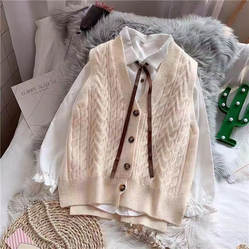 Set áo khoác ghi lê + áo sơ mi kèm quần jean lưng cao thời trang cho nữ