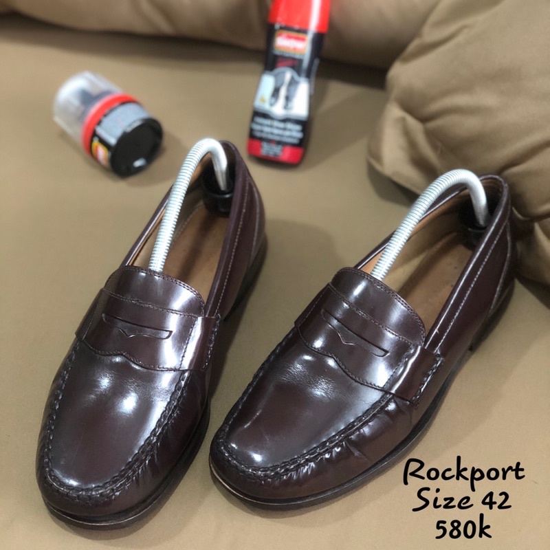 [Giày 2hand] [Size 42] [TonaShoe] Giày Penny Loafer Thương Hiệu Rockport Đế Gỗ Form Cứng Cáp Màu Đỏ Mận