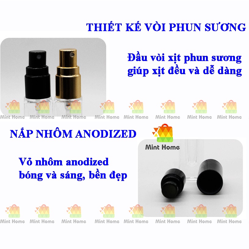Chai chiết dung dịch nước hoa vial thủy tinh vuông lọ trụ tròn dài nắp nhôm có vòi xịt phun sương dung tích 10ml vỏ dày