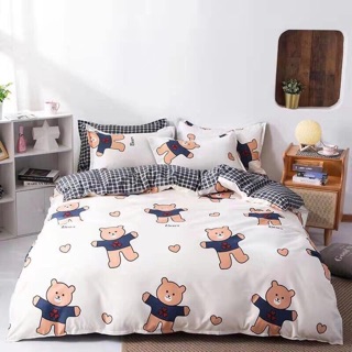 Chăn ga gối Cotton 3D - Mẫu gấu bear phối ga kẻ.