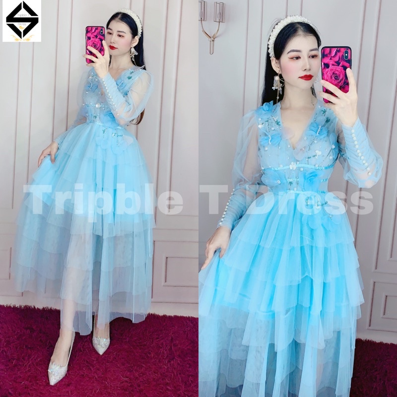 Đầm xoè tay dài lưới tầng xếp kết hoa nổi TIPBLE T DRESS -MS27V-Size S/M/L/XL đến 64kg