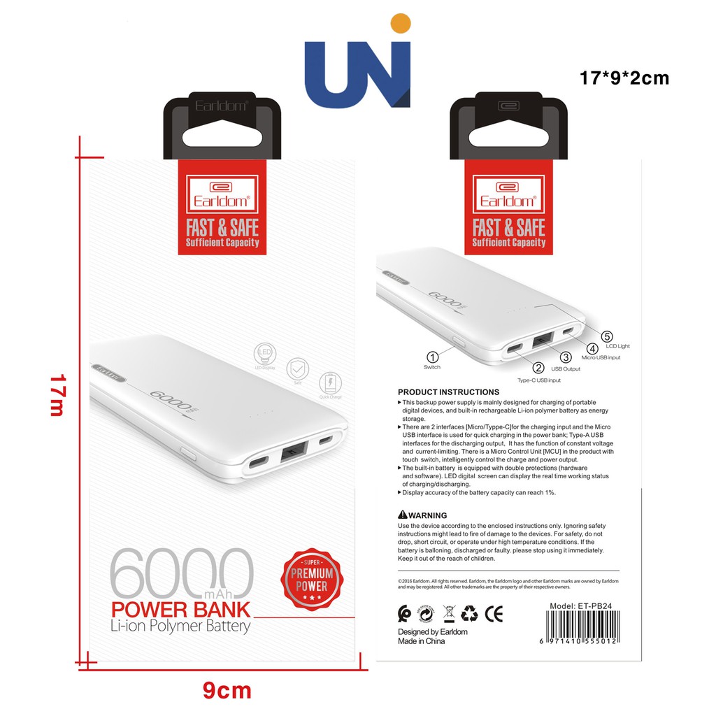 Pin Sạc Dự Phòng Earldom 6.000mAh PB-24 (2 Cổng Vào Là Type- C, Micro Và Cổng Ra USB) Nhỏ Gọn Tiện Lợi