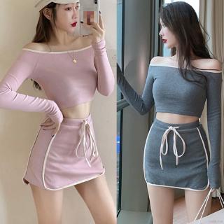 Set Áo Thun Ngắn Tay+Chân Váy Lưng Cao 2 Dây Rút Thời Trang Nữ
