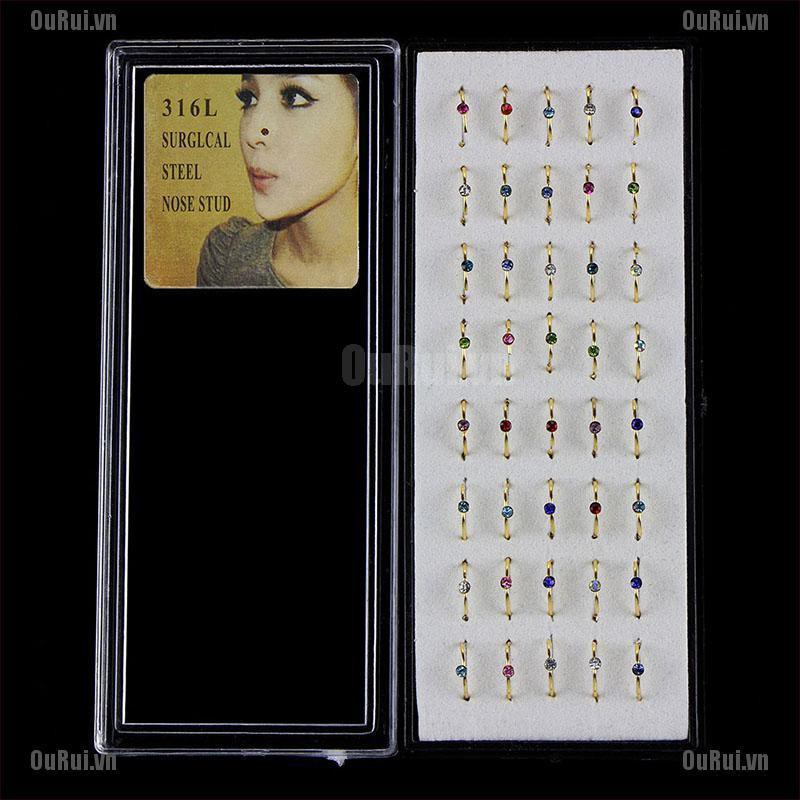 Set 40 khuyên mũi đính đá pha lê bằng thép không gỉ